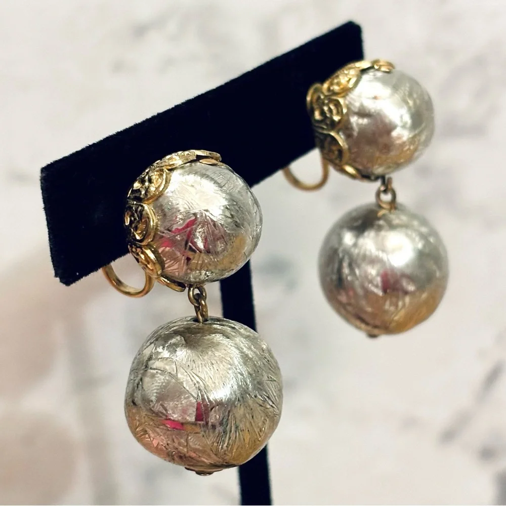 Vintage Silver and Gold Tone Ball Drop Clip-On Earrings - Picture 1 of 8